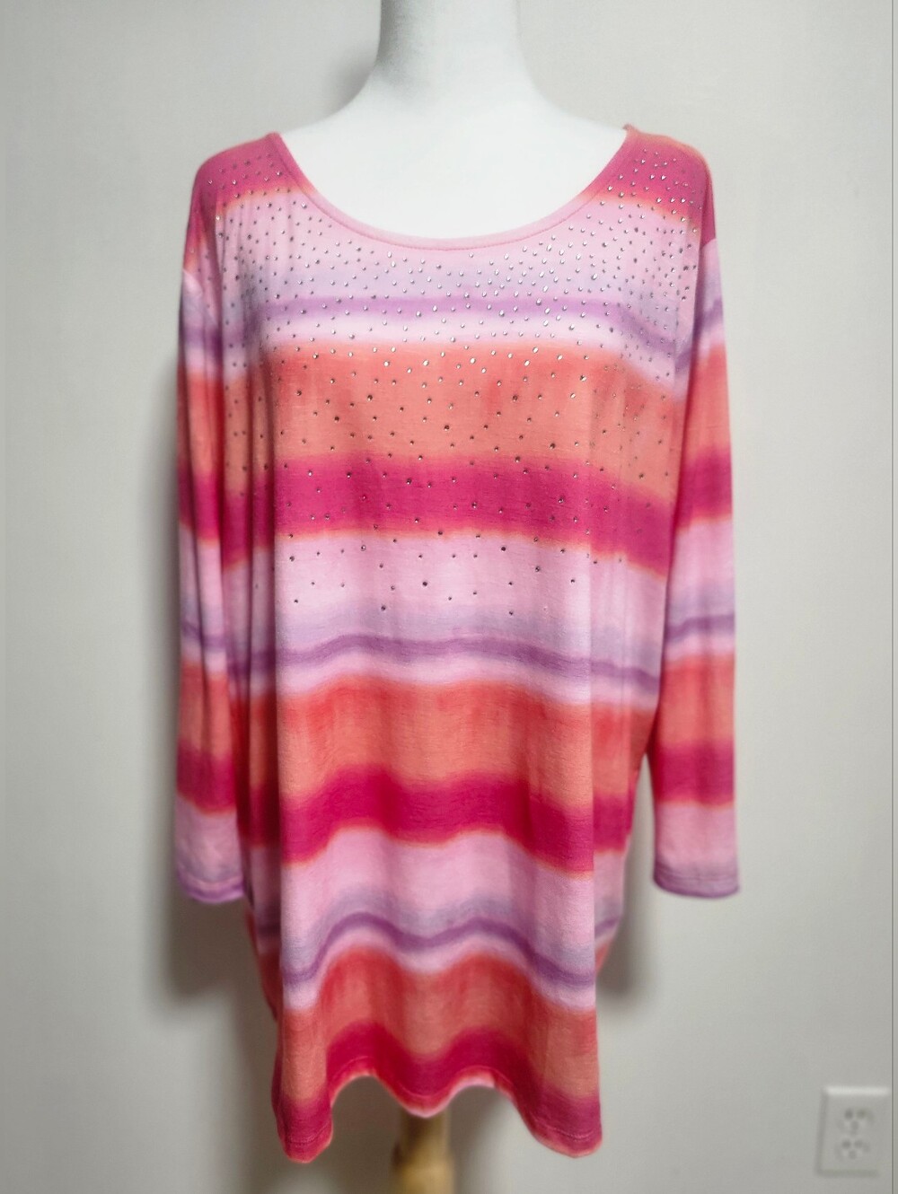 Laura Plus Aura Pink Coral Striped Long Sleeve Top with Rhinestone Detail